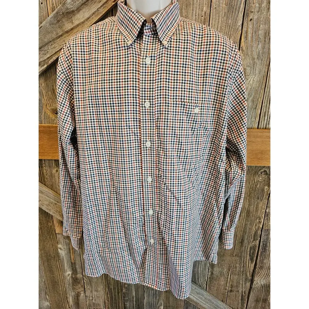 Orvis size large L men's long sleeve orange blue checked button up work casual ^